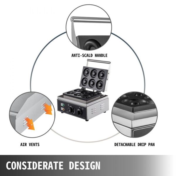 Cooking Equipment | 110V Commercial Waffle Donut Machine 6 Holes Double-Sided Heating 50-300℃, Electric Doughnut Maker 1550W, Non-stick Donut MakerTeflon-Coating for Professional Kitchen (Depth:0.55″,Dia:2.95″) Cooking Equipment Cooking Equipment