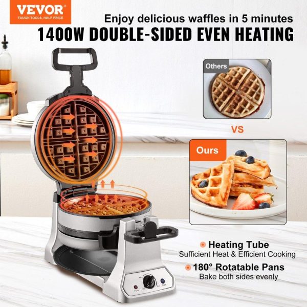 Cooking Equipment | 2-Layer Waffle Maker, 2 Pieces per Batch, 1400W Round Waffle Iron, Non-Stick Waffle Baker Machine with 122-572℉ / 50-300℃ Temp Range Teflon-Coated Baking Pans Stainless Steel Body, 120V Cooking Equipment Cooking Equipment