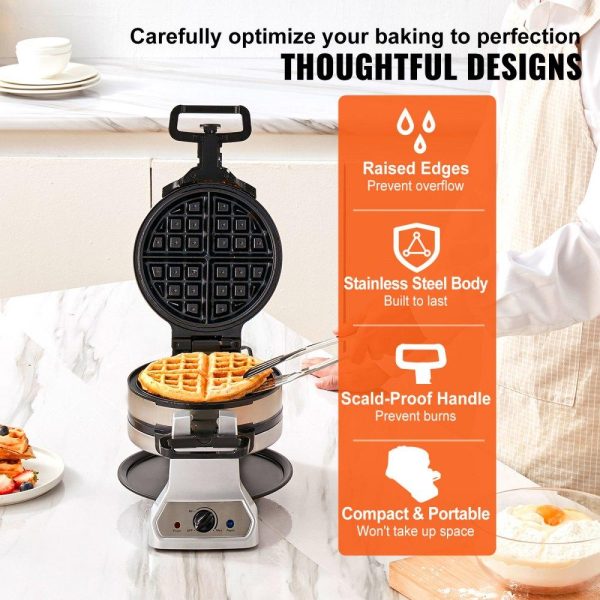 Cooking Equipment | 2-Layer Waffle Maker, 2 Pieces per Batch, 1400W Round Waffle Iron, Non-Stick Waffle Baker Machine with 122-572℉ / 50-300℃ Temp Range Teflon-Coated Baking Pans Stainless Steel Body, 120V Cooking Equipment Cooking Equipment