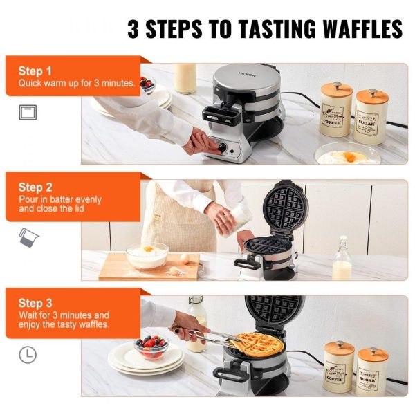 Cooking Equipment | 2-Layer Waffle Maker, 2 Pieces per Batch, 1400W Round Waffle Iron, Non-Stick Waffle Baker Machine with 122-572℉ / 50-300℃ Temp Range Teflon-Coated Baking Pans Stainless Steel Body, 120V Cooking Equipment Cooking Equipment