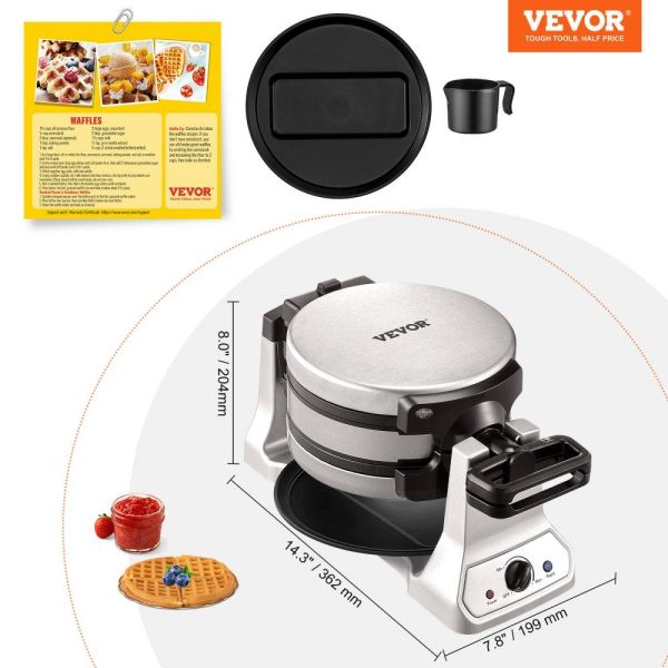 Cooking Equipment | 2-Layer Waffle Maker, 2 Pieces per Batch, 1400W Round Waffle Iron, Non-Stick Waffle Baker Machine with 122-572℉ / 50-300℃ Temp Range Teflon-Coated Baking Pans Stainless Steel Body, 120V Cooking Equipment Cooking Equipment