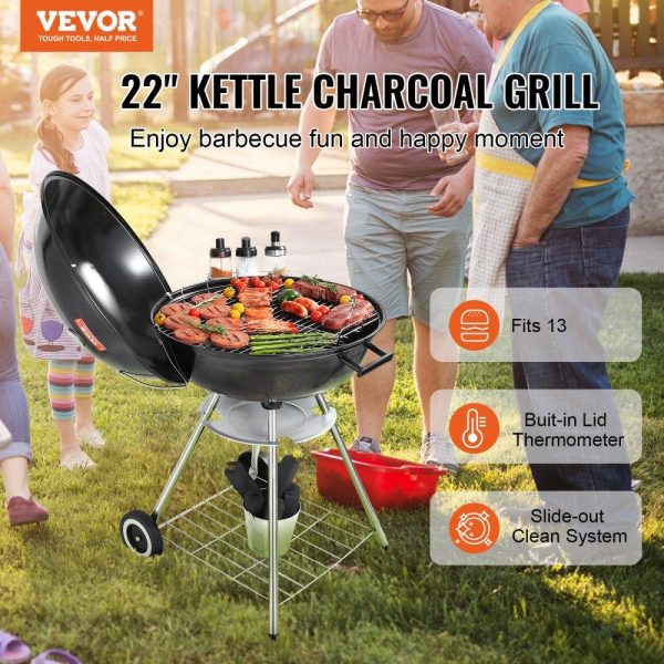 Cooking Equipment | 22 inch Kettle Charcoal Grill, Premium Kettle Grill with Wheels and Cover, Porcelain-Enameled Lid and Ash Catcher & Thermometer for BBQ, Round Barbecue Grill Outdoor Cooking, Picnic, Patio and Backyard Cooking Equipment Cooking Equipment