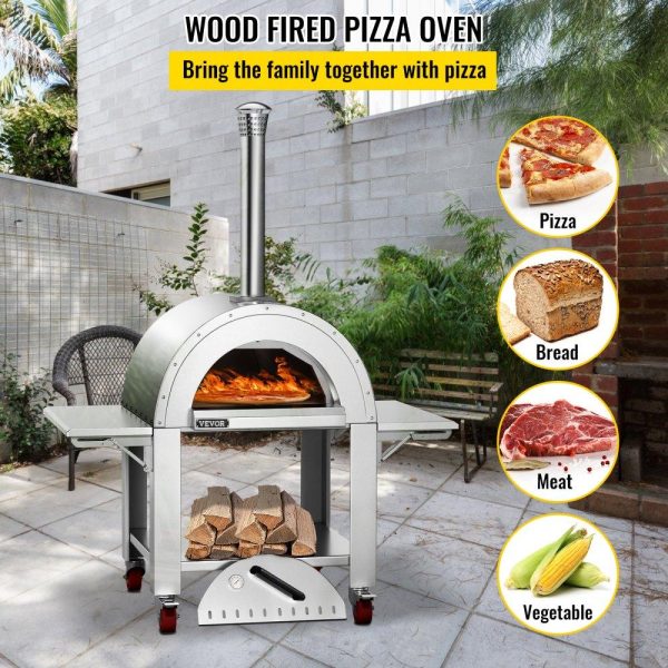 Cooking Equipment | 46″ Wood Fired Artisan Pizza Oven, 3-Layer Stainless Steel Pizza Maker with Wheels for Outside Kitchen, Includes Pizza Stone, Pizza Peel, and Brush, Professional Series,Outdoor or Indoor. Cooking Equipment Cooking Equipment