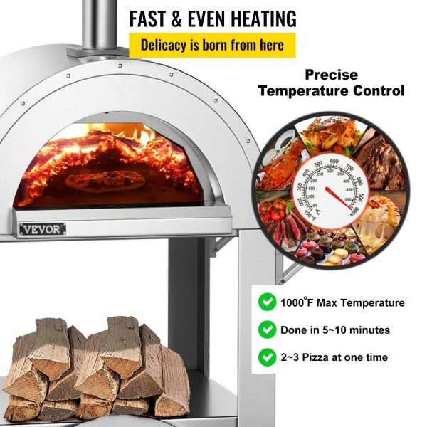 Cooking Equipment | 46″ Wood Fired Artisan Pizza Oven, 3-Layer Stainless Steel Pizza Maker with Wheels for Outside Kitchen, Includes Pizza Stone, Pizza Peel, and Brush, Professional Series,Outdoor or Indoor. Cooking Equipment Cooking Equipment