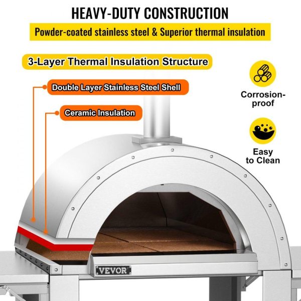 Cooking Equipment | 46″ Wood Fired Artisan Pizza Oven, 3-Layer Stainless Steel Pizza Maker with Wheels for Outside Kitchen, Includes Pizza Stone, Pizza Peel, and Brush, Professional Series,Outdoor or Indoor. Cooking Equipment Cooking Equipment