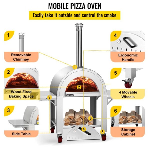 Cooking Equipment | 46″ Wood Fired Artisan Pizza Oven, 3-Layer Stainless Steel Pizza Maker with Wheels for Outside Kitchen, Includes Pizza Stone, Pizza Peel, and Brush, Professional Series,Outdoor or Indoor. Cooking Equipment Cooking Equipment