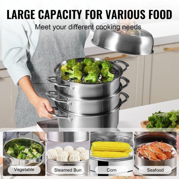 Cooking Equipment | 5-Tier Stainless Steel Steamer, 11” Multi-Layer Cookware Pot with Handles on Both Sides, Work with Gas, Electric, Grill Stove Top, Dia-28cm, Sliver Restaurant & Food Service Cooking Equipment