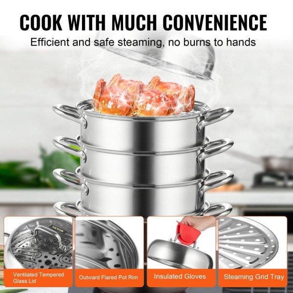 Cooking Equipment | 5-Tier Stainless Steel Steamer, 11” Multi-Layer Cookware Pot with Handles on Both Sides, Work with Gas, Electric, Grill Stove Top, Dia-28cm, Sliver Restaurant & Food Service Cooking Equipment