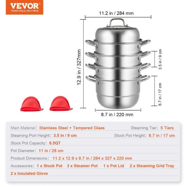 Cooking Equipment | 5-Tier Stainless Steel Steamer, 11” Multi-Layer Cookware Pot with Handles on Both Sides, Work with Gas, Electric, Grill Stove Top, Dia-28cm, Sliver Restaurant & Food Service Cooking Equipment