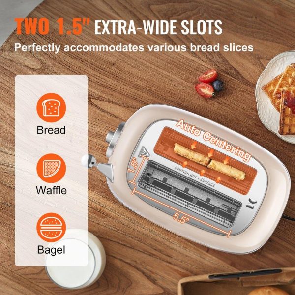 Cooking Equipment | Brushed Stainless Steel Toaster, 2 Slice, 825W 1.5” Extra Wide Slots Toaster with Removable Crumb Tray 5 Browning Levels, Cancel Defrost and Bagel Functions for Toasting Bread Bagel Waffle Beige Cooking Equipment Beige