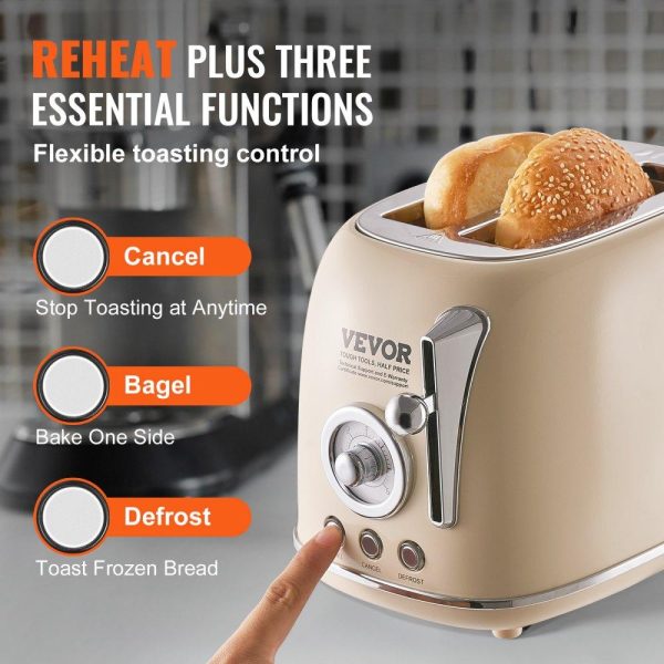 Cooking Equipment | Brushed Stainless Steel Toaster, 2 Slice, 825W 1.5” Extra Wide Slots Toaster with Removable Crumb Tray 5 Browning Levels, Cancel Defrost and Bagel Functions for Toasting Bread Bagel Waffle Beige Cooking Equipment Beige