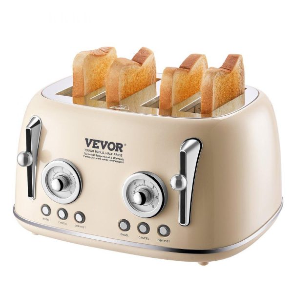 Cooking Equipment | Brushed Stainless Steel Toaster, 4 Slice, 1650W 1.5” Extra Wide Slots Toaster with Removable Crumb Tray 5 Browning Levels, Cancel Defrost and Bagel Functions for Toasting Bread Bagel Waffle Beige Cooking Equipment Beige