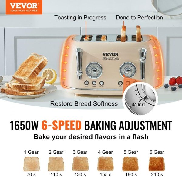 Cooking Equipment | Brushed Stainless Steel Toaster, 4 Slice, 1650W 1.5” Extra Wide Slots Toaster with Removable Crumb Tray 5 Browning Levels, Cancel Defrost and Bagel Functions for Toasting Bread Bagel Waffle Beige Cooking Equipment Beige