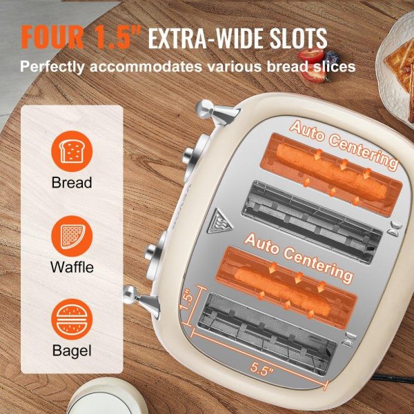 Cooking Equipment | Brushed Stainless Steel Toaster, 4 Slice, 1650W 1.5” Extra Wide Slots Toaster with Removable Crumb Tray 5 Browning Levels, Cancel Defrost and Bagel Functions for Toasting Bread Bagel Waffle Beige Cooking Equipment Beige