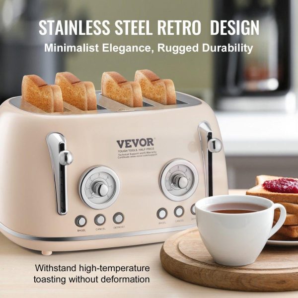 Cooking Equipment | Brushed Stainless Steel Toaster, 4 Slice, 1650W 1.5” Extra Wide Slots Toaster with Removable Crumb Tray 5 Browning Levels, Cancel Defrost and Bagel Functions for Toasting Bread Bagel Waffle Beige Cooking Equipment Beige