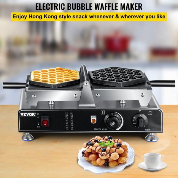 Cooking Equipment | Bubble Waffle Maker, 110V Electric Egg Waffle Maker, 1500W Hong Kong Egg Puff Machine w/2 Reversible Pans, Commercial Bubble Waffle Machine w/Non-Stick Teflon Coating, 122-572℉ Omelette Maker Cooking Equipment Cooking Equipment