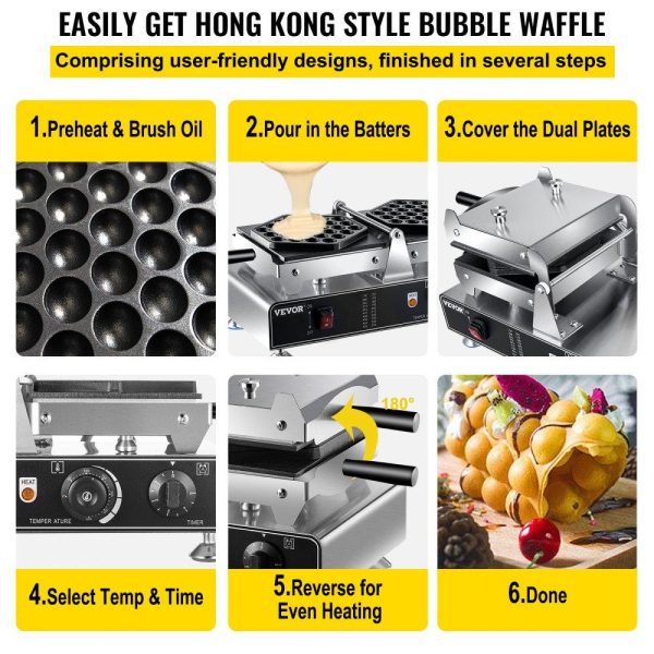 Cooking Equipment | Bubble Waffle Maker, 110V Electric Egg Waffle Maker, 1500W Hong Kong Egg Puff Machine w/2 Reversible Pans, Commercial Bubble Waffle Machine w/Non-Stick Teflon Coating, 122-572℉ Omelette Maker Cooking Equipment Cooking Equipment