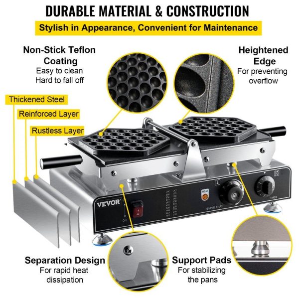 Cooking Equipment | Bubble Waffle Maker, 110V Electric Egg Waffle Maker, 1500W Hong Kong Egg Puff Machine w/2 Reversible Pans, Commercial Bubble Waffle Machine w/Non-Stick Teflon Coating, 122-572℉ Omelette Maker Cooking Equipment Cooking Equipment