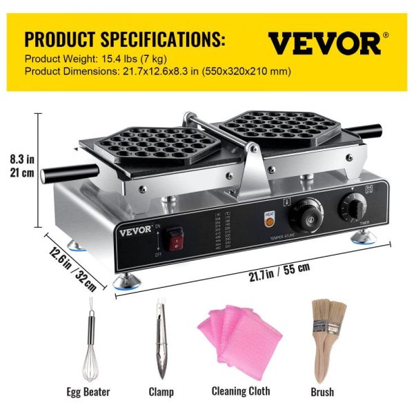 Cooking Equipment | Bubble Waffle Maker, 110V Electric Egg Waffle Maker, 1500W Hong Kong Egg Puff Machine w/2 Reversible Pans, Commercial Bubble Waffle Machine w/Non-Stick Teflon Coating, 122-572℉ Omelette Maker Cooking Equipment Cooking Equipment