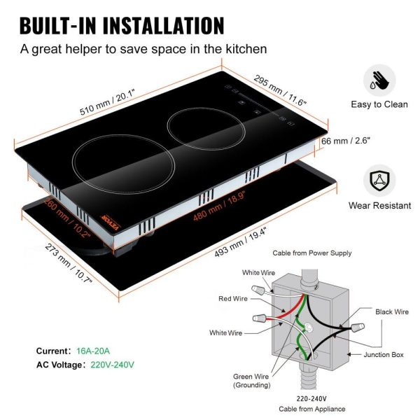 Cooking Equipment | Built in Electric Stove Top, 20 x 11.6 inch 2 Burners, 240V Glass Radiant Cooktop with Sensor Touch Control, Timer & Child Lock Included, 9 Power Levels for Simmer Steam Slow Cook Fry Cooking Equipment Cooking Equipment