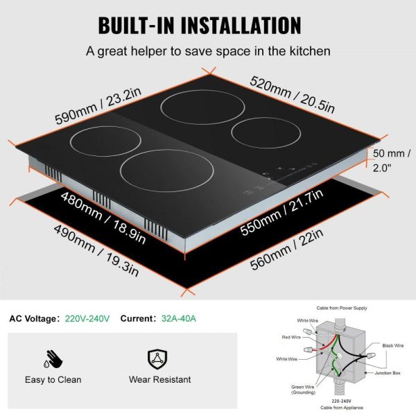 Cooking Equipment | Built in Electric Stove Top, 23.2 x 20.5 inch 4 Burners, 240V Glass Radiant Cooktop with Sensor Touch Control, Timer & Child Lock Included, 9 Power Levels for Simmer Steam Slow Cook Fry Cooking Equipment Cooking Equipment