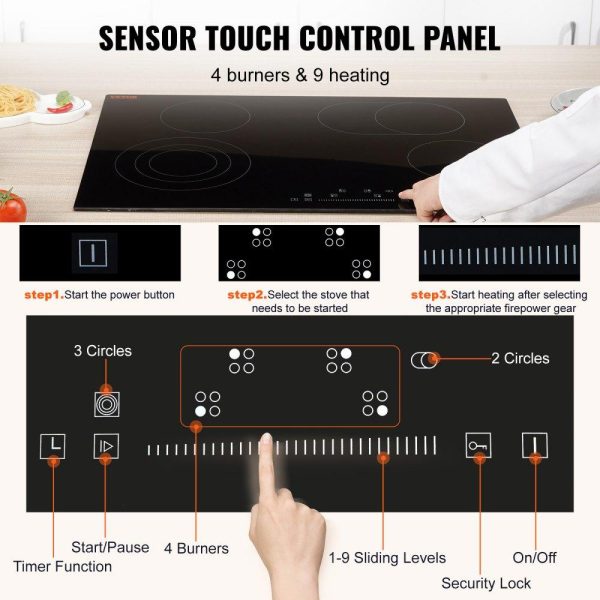 Cooking Equipment | Built in Electric Stove Top, 30.3 x 20.5 inch 4 Burners, 240V Glass Radiant Cooktop with Sensor Touch Control, Timer & Child Lock Included, 9 Power Levels for Simmer Steam Slow Cook Fry Cooking Equipment Cooking Equipment