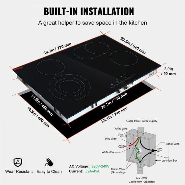 Cooking Equipment | Built in Electric Stove Top, 30.3 x 20.5 inch 4 Burners, 240V Glass Radiant Cooktop with Sensor Touch Control, Timer & Child Lock Included, 9 Power Levels for Simmer Steam Slow Cook Fry Cooking Equipment Cooking Equipment