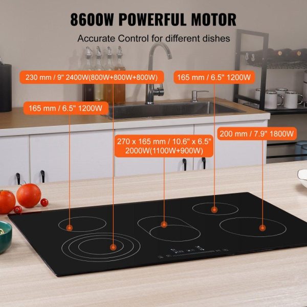 Cooking Equipment | Built in Electric Stove Top, 30.3 x 20.5 inch 5 Burners, 240V Glass Radiant Cooktop with Sensor Touch Control, Timer & Child Lock Included, 9 Power Levels for Simmer Steam Slow Cook Fry Cooking Equipment Cooking Equipment