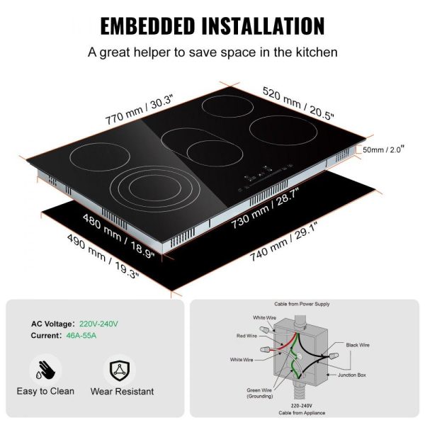 Cooking Equipment | Built in Electric Stove Top, 30.3 x 20.5 inch 5 Burners, 240V Glass Radiant Cooktop with Sensor Touch Control, Timer & Child Lock Included, 9 Power Levels for Simmer Steam Slow Cook Fry Cooking Equipment Cooking Equipment