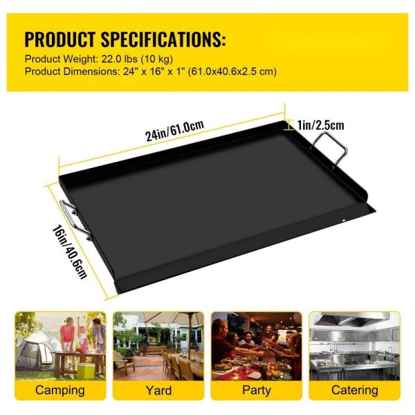 Cooking Equipment | Carbon Steel Griddle, 16″ x 24″ Griddle Flat Top Plate, Griddle for BBQ Charcoal/Gas Gril with 2 Handles, Rectangular Flat Top Grill with Extra Drain Hole for Tailgating and Parties Cooking Equipment Cooking Equipment