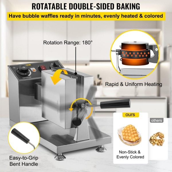 Cooking Equipment | Commercial Bubble Waffle Maker, 8″ Square Mould, 1200W Egg Bubble Puff Iron w/ 360°Rotatable 2 Pans & Bent Handles, Stainless Steel Baker w/ Non-Stick Teflon Coating, 50-300℃/122-572℉ Adjustable Cooking Equipment Cooking Equipment