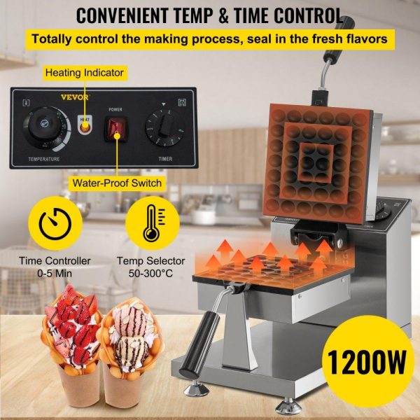 Cooking Equipment | Commercial Bubble Waffle Maker, 8″ Square Mould, 1200W Egg Bubble Puff Iron w/ 360°Rotatable 2 Pans & Bent Handles, Stainless Steel Baker w/ Non-Stick Teflon Coating, 50-300℃/122-572℉ Adjustable Cooking Equipment Cooking Equipment