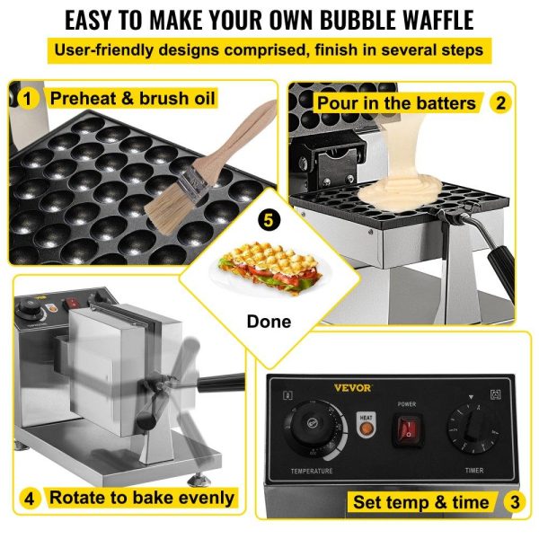 Cooking Equipment | Commercial Bubble Waffle Maker, 8″ Square Mould, 1200W Egg Bubble Puff Iron w/ 360°Rotatable 2 Pans & Bent Handles, Stainless Steel Baker w/ Non-Stick Teflon Coating, 50-300℃/122-572℉ Adjustable Cooking Equipment Cooking Equipment