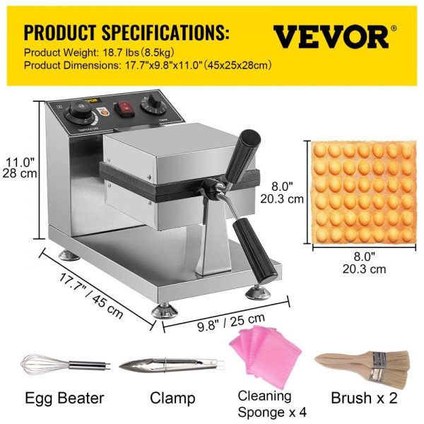 Cooking Equipment | Commercial Bubble Waffle Maker, 8″ Square Mould, 1200W Egg Bubble Puff Iron w/ 360°Rotatable 2 Pans & Bent Handles, Stainless Steel Baker w/ Non-Stick Teflon Coating, 50-300℃/122-572℉ Adjustable Cooking Equipment Cooking Equipment