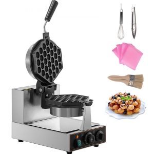 Cooking Equipment | Commercial Bubble Waffle Maker, Hexagonal Mould, 1200W Egg Bubble Puff Iron w/ 360°Rotatable 2 Pans & Bent Handles, Stainless Steel Baker w/ Non-Stick Teflon Coating, 50-300℃/122-572℉ Adjustable Cooking Equipment Cooking Equipment