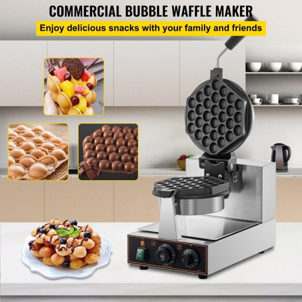 Cooking Equipment | Commercial Bubble Waffle Maker, Hexagonal Mould, 1200W Egg Bubble Puff Iron w/ 360°Rotatable 2 Pans & Bent Handles, Stainless Steel Baker w/ Non-Stick Teflon Coating, 50-300℃/122-572℉ Adjustable Cooking Equipment Cooking Equipment