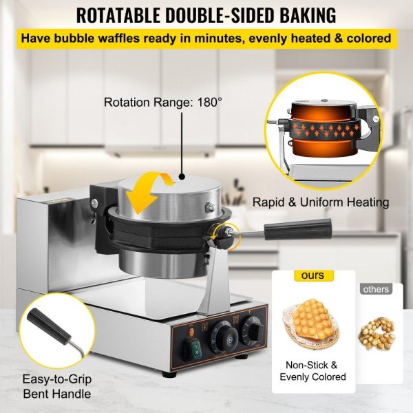 Cooking Equipment | Commercial Bubble Waffle Maker, Hexagonal Mould, 1200W Egg Bubble Puff Iron w/ 360°Rotatable 2 Pans & Bent Handles, Stainless Steel Baker w/ Non-Stick Teflon Coating, 50-300℃/122-572℉ Adjustable Cooking Equipment Cooking Equipment