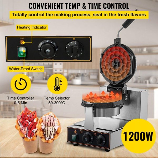 Cooking Equipment | Commercial Bubble Waffle Maker, Hexagonal Mould, 1200W Egg Bubble Puff Iron w/ 360°Rotatable 2 Pans & Bent Handles, Stainless Steel Baker w/ Non-Stick Teflon Coating, 50-300℃/122-572℉ Adjustable Cooking Equipment Cooking Equipment