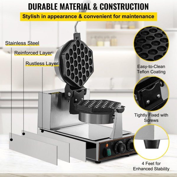 Cooking Equipment | Commercial Bubble Waffle Maker, Hexagonal Mould, 1200W Egg Bubble Puff Iron w/ 360°Rotatable 2 Pans & Bent Handles, Stainless Steel Baker w/ Non-Stick Teflon Coating, 50-300℃/122-572℉ Adjustable Cooking Equipment Cooking Equipment