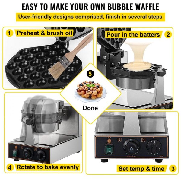 Cooking Equipment | Commercial Bubble Waffle Maker, Hexagonal Mould, 1200W Egg Bubble Puff Iron w/ 360°Rotatable 2 Pans & Bent Handles, Stainless Steel Baker w/ Non-Stick Teflon Coating, 50-300℃/122-572℉ Adjustable Cooking Equipment Cooking Equipment