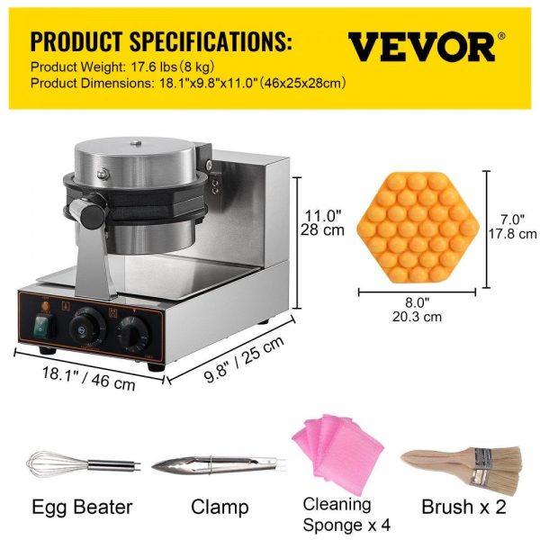 Cooking Equipment | Commercial Bubble Waffle Maker, Hexagonal Mould, 1200W Egg Bubble Puff Iron w/ 360°Rotatable 2 Pans & Bent Handles, Stainless Steel Baker w/ Non-Stick Teflon Coating, 50-300℃/122-572℉ Adjustable Cooking Equipment Cooking Equipment