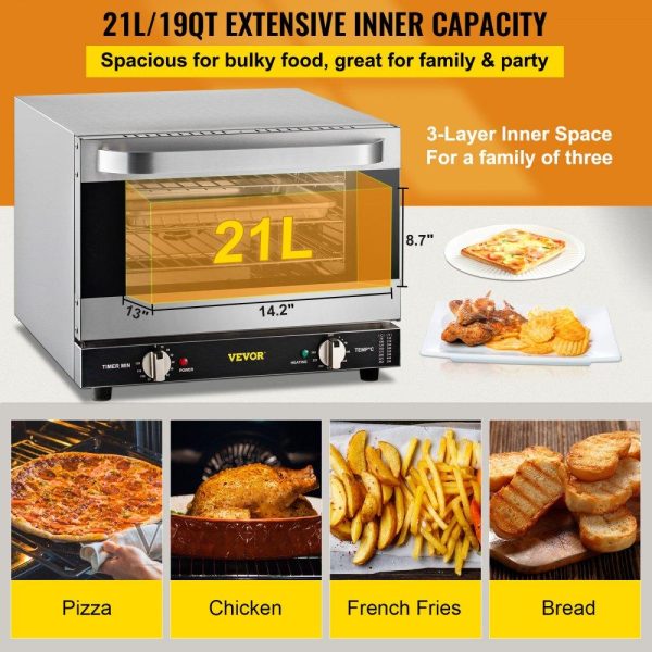 Cooking Equipment | Commercial Convection Oven, 21L/19Qt, Quarter-Size Conventional Oven Countertop, 1440W 3-Tier Toaster w/ Front Glass Door, Electric Baking Oven w/ Trays Wire Racks Clip Gloves, 120V, ETL Listed Cooking Equipment Cooking Equipment