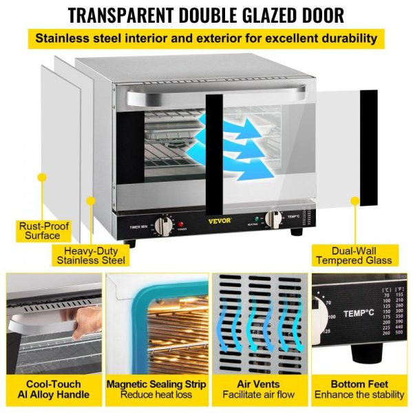 Cooking Equipment | Commercial Convection Oven, 21L/19Qt, Quarter-Size Conventional Oven Countertop, 1440W 3-Tier Toaster w/ Front Glass Door, Electric Baking Oven w/ Trays Wire Racks Clip Gloves, 120V, ETL Listed Cooking Equipment Cooking Equipment