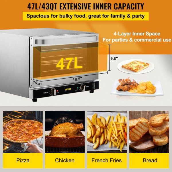 Cooking Equipment | Commercial Convection Oven, 47L/43Qt, Half-Size Conventional Oven Countertop, 1600W 4-Tier Toaster w/ Front Glass Door, Electric Baking Oven w/ Trays Wire Racks Clip Gloves, 120V, ETL Listed Cooking Equipment Cooking Equipment