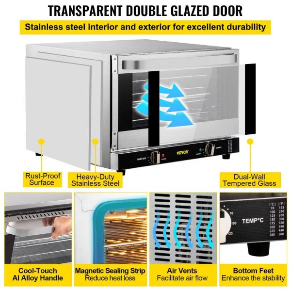 Cooking Equipment | Commercial Convection Oven, 47L/43Qt, Half-Size Conventional Oven Countertop, 1600W 4-Tier Toaster w/ Front Glass Door, Electric Baking Oven w/ Trays Wire Racks Clip Gloves, 120V, ETL Listed Cooking Equipment Cooking Equipment