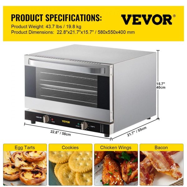 Cooking Equipment | Commercial Convection Oven, 47L/43Qt, Half-Size Conventional Oven Countertop, 1600W 4-Tier Toaster w/ Front Glass Door, Electric Baking Oven w/ Trays Wire Racks Clip Gloves, 120V, ETL Listed Cooking Equipment Cooking Equipment