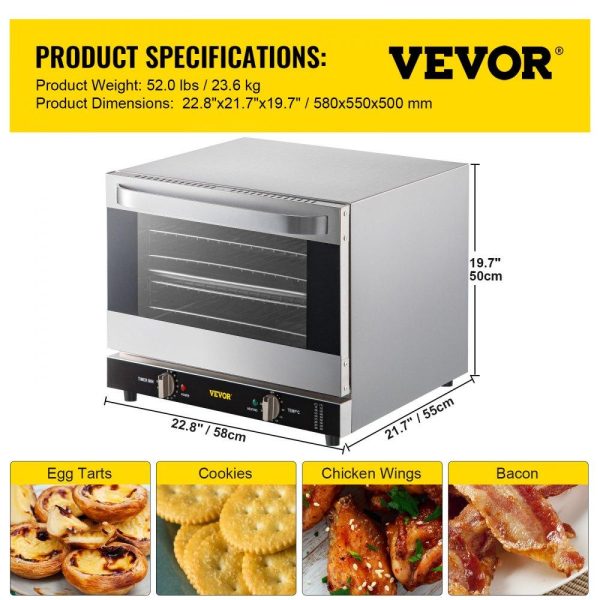 Cooking Equipment | Commercial Convection Oven, 66L/60Qt, Half-Size Conventional Oven Countertop, 1800W 4-Tier Toaster w/ Front Glass Door, Electric Baking Oven w/ Trays Wire Racks Clip Gloves, 120V, ETL Listed Cooking Equipment Cooking Equipment