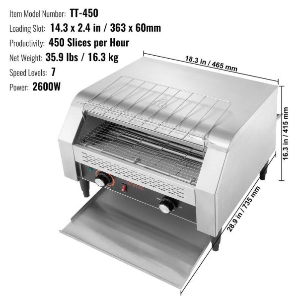 Cooking Equipment | Commercial Conveyor Toaster, 450 Slices/Hour Conveyor Belt Toaster, Heavy Duty Stainless Steel Commercial Toaster Oven, Electric Restaurant Commercial Toaster for Toast Bun, Bagel, Bread Cooking Equipment Cooking Equipment