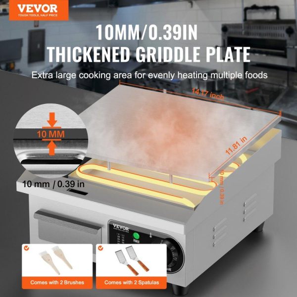 Cooking Equipment | Commercial Electric Griddle, 1700W Countertop Flat Top Grill, 122℉-572 ℉ Adjustable Temp, 14.17 x 11.81 x 0.39in Stainless Steel Griddle Grill with 2 Shovels and 2 Brushes for Home or Restaurant Cooking Equipment Cooking Equipment