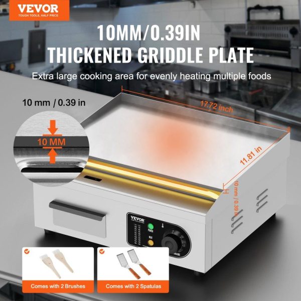 Cooking Equipment | Commercial Electric Griddle, 1700W Countertop Flat Top Grill, 122℉-572 ℉ Adjustable Temp, 17.72 x 11.81 x 0.39in Stainless Steel Griddle Grill with 2 Shovels and 2 Brushes for Home or Restaurant Cooking Equipment Cooking Equipment